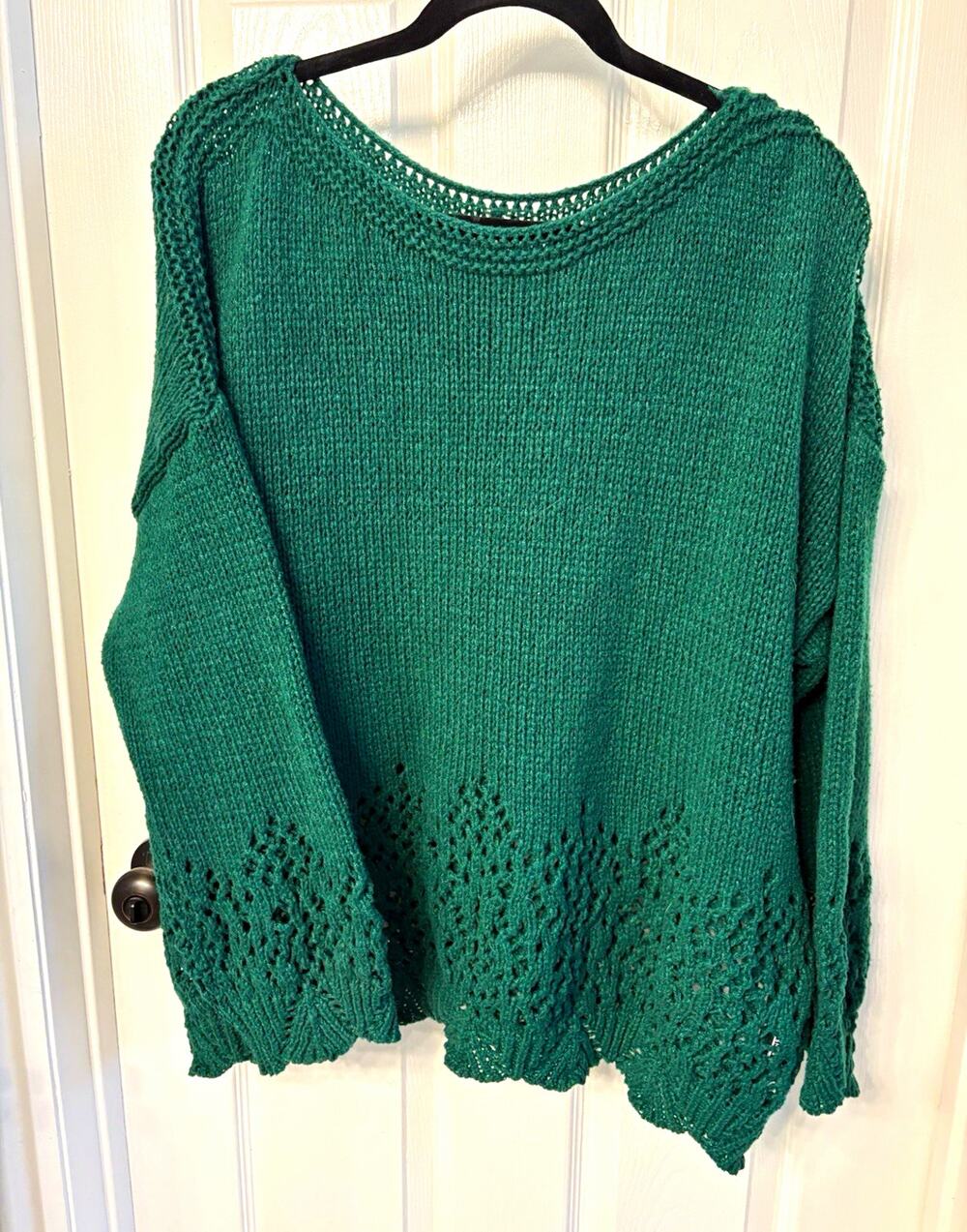 Green Knit Pullover Sweater Boat Neck Long Sleeve Open-Knit Plus 3XL
